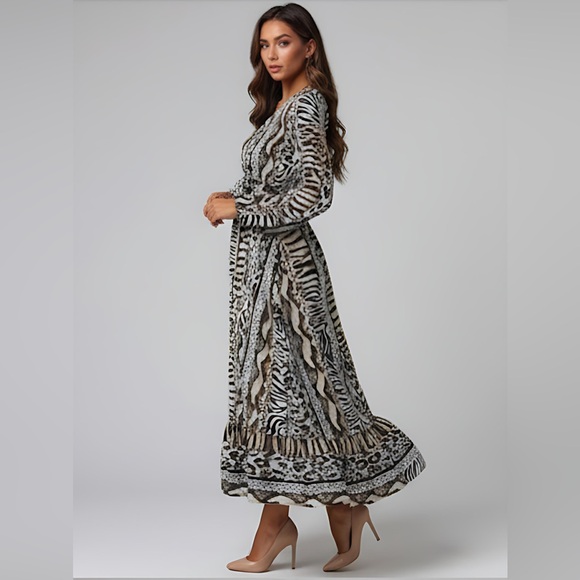 Animal Print Lantern Sleeve Tie Waist A-Line Dress - Picture 4 of 9